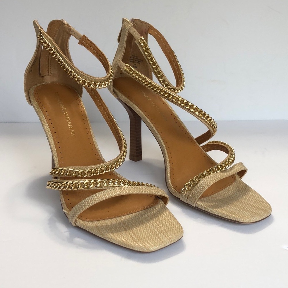 Adrienne Vittadini Sand & Gold Open Toe Back Zip Strappy Heeled Sandals size 9.5